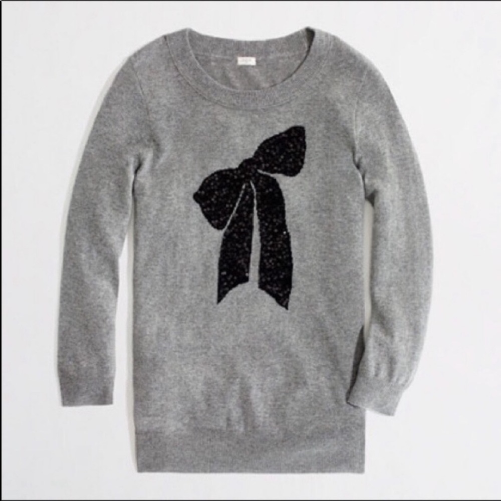 J. Crew Intarsia Charley Black Sequin Bow Sweater